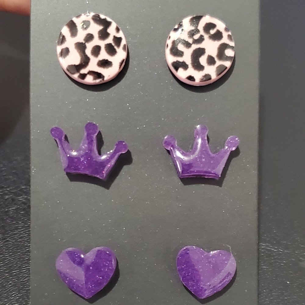Crown, Heart and Circular Handmade Stud Earrings